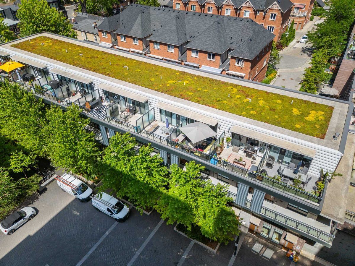 Drone view of the private terraces at The Carlaw, 1190 Dundas Street East in Toronto