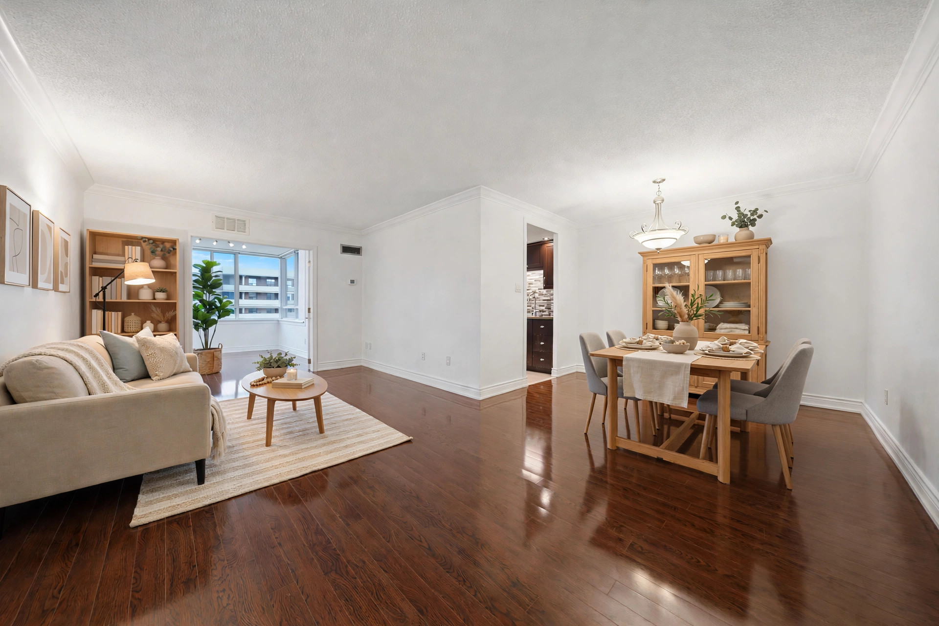 Virtually staged living room with laminate floors at Suite 1401, 5 Lisa Street in Brampton