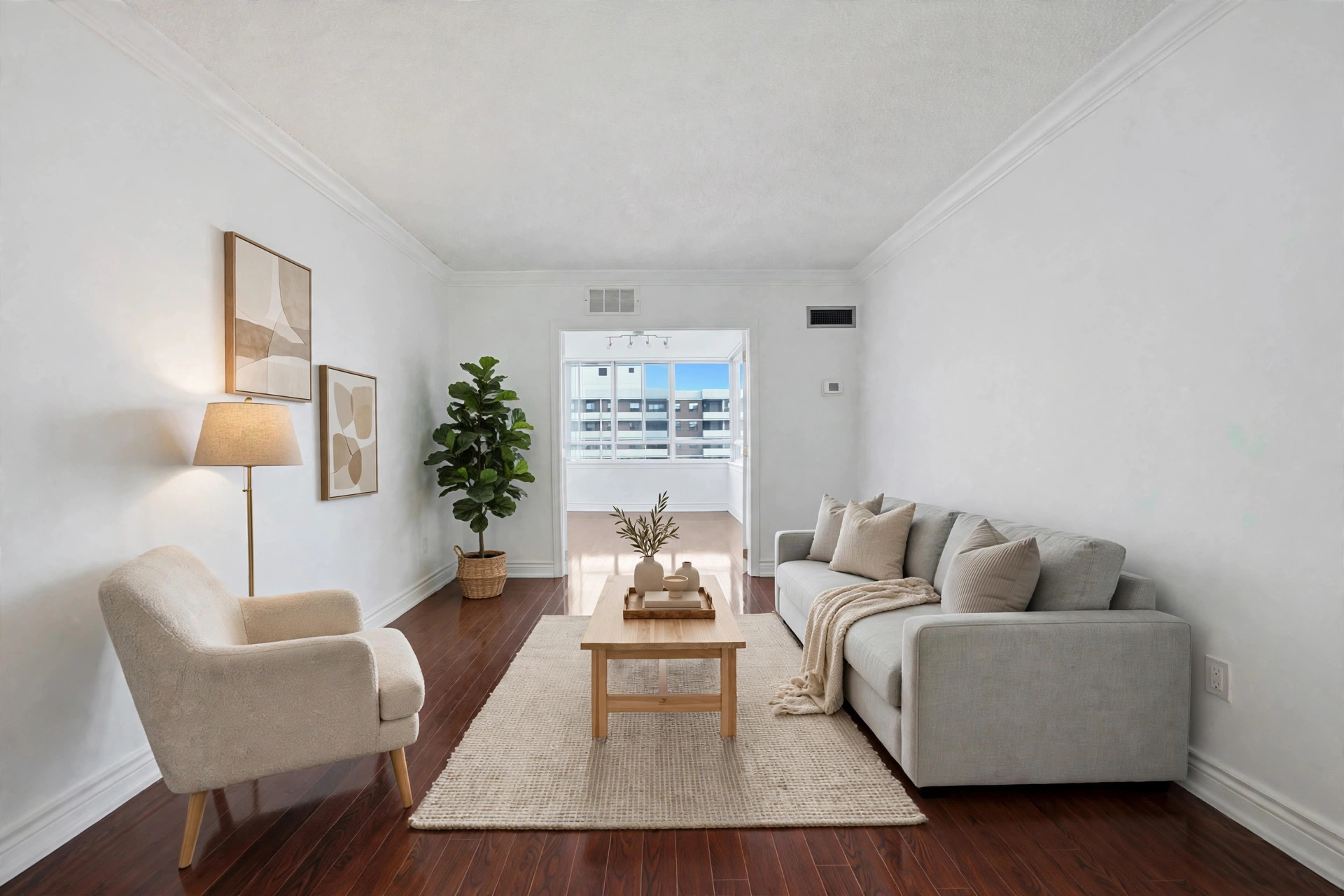 Virtually staged living room with sofa and media console