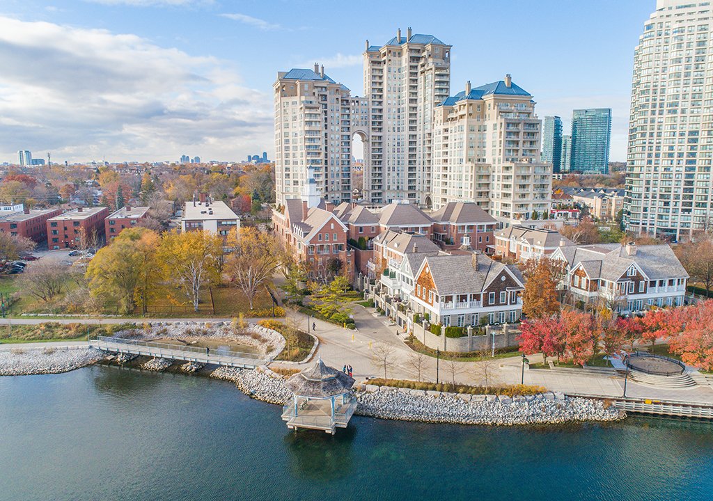 Aerial view of Grand Harbour Condominiums on the Humber Bay waterfront, Toronto