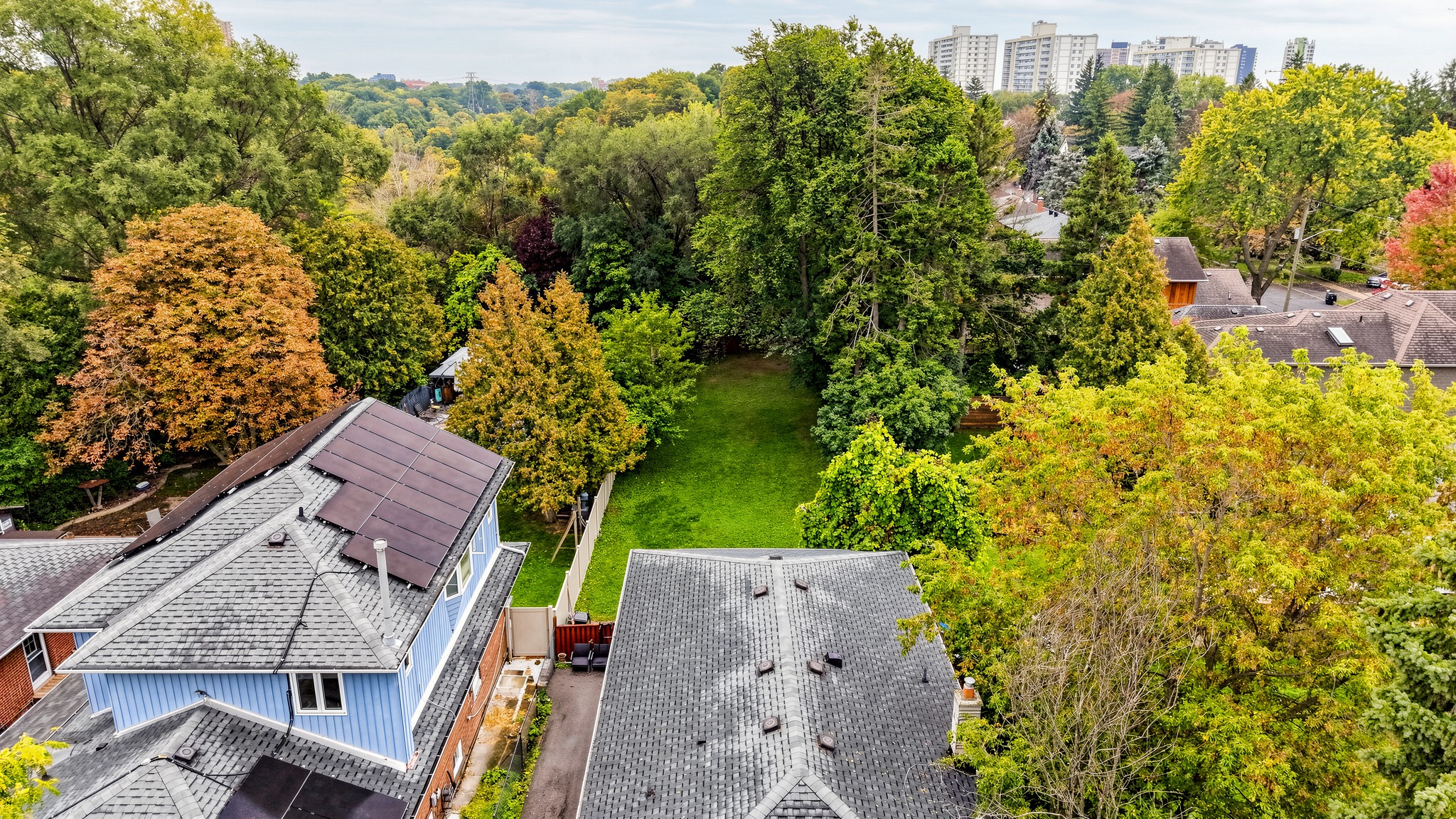 Aerial view of the backyard at 35 Florens Avenue running 290 feet deep to the ravine