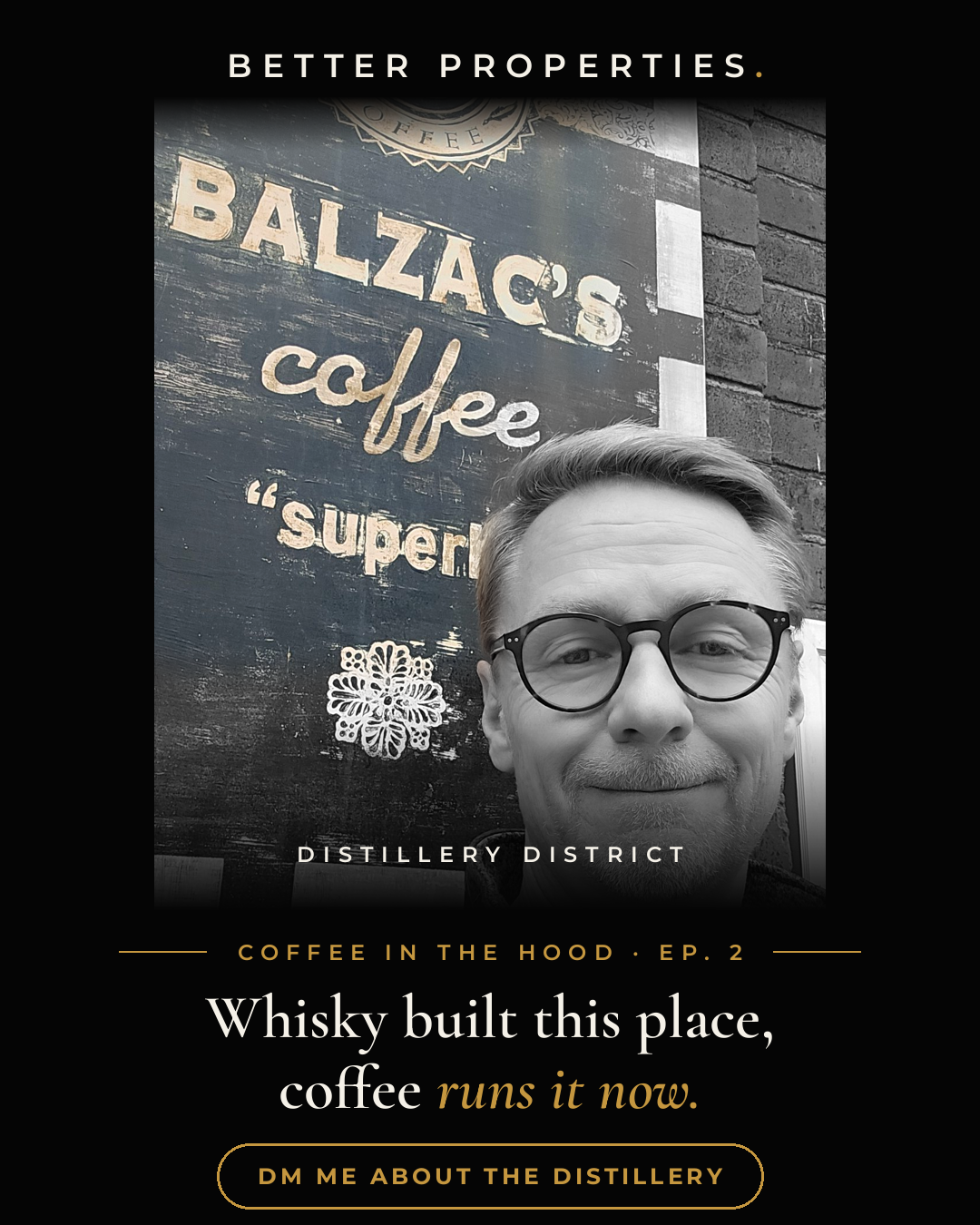 Coffee in the Hood episode 2 cover: Jim in front of the Balzac's Coffee sign in the Distillery District