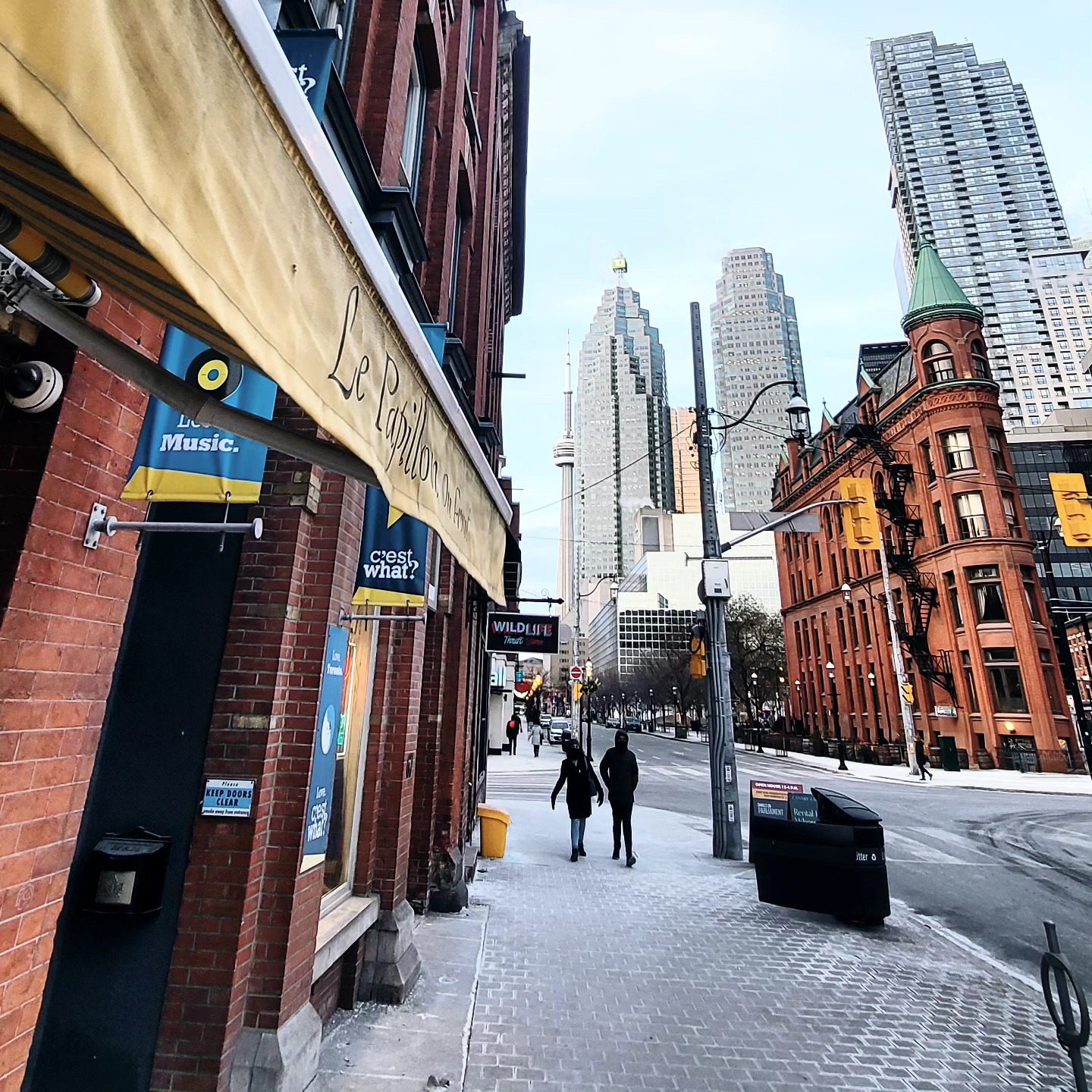Front Street East in Toronto with historic brick buildings