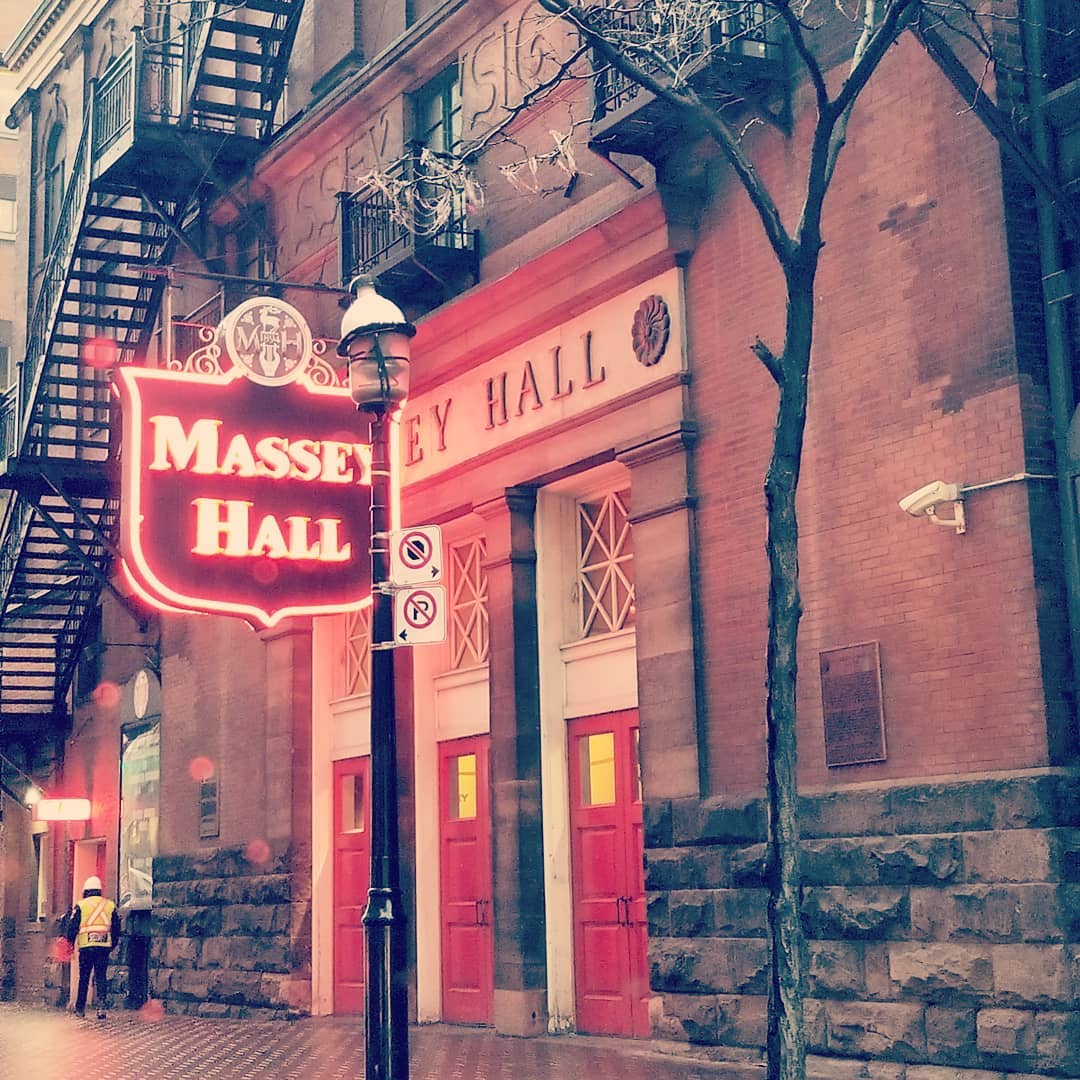 Massey Hall entrance with its neon sign in downtown Toronto