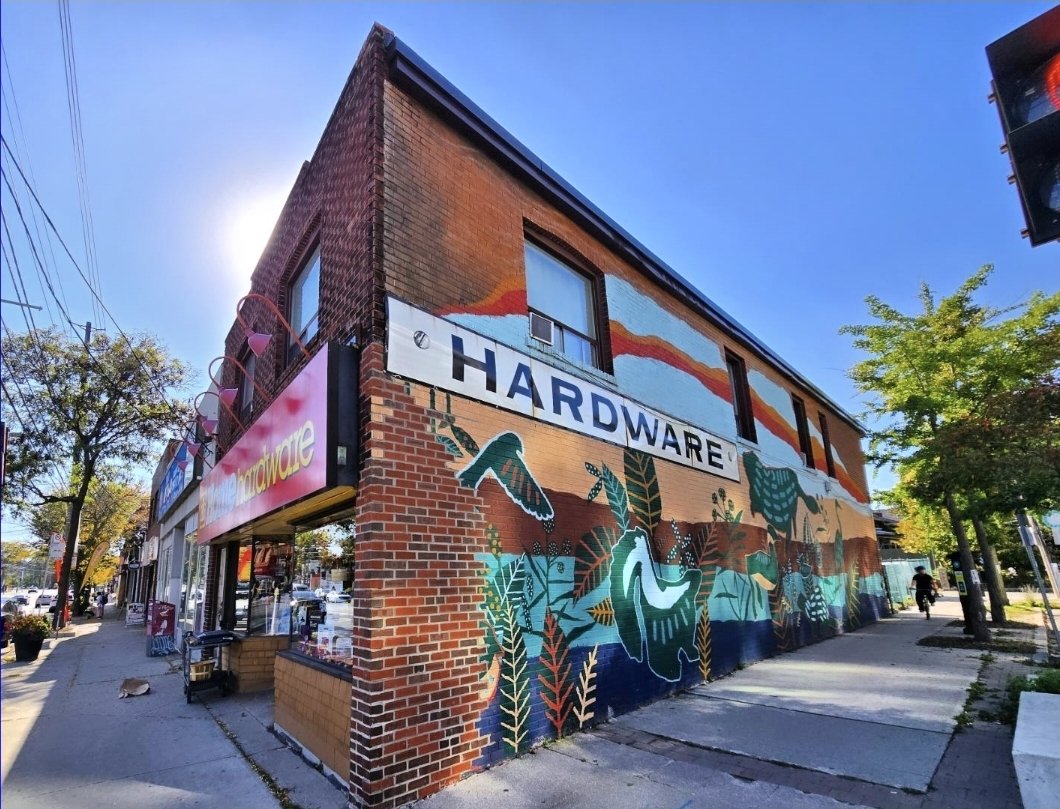 Mimico Home Hardware storefront with painted HARDWARE mural, Lake Shore Boulevard West at Superior Avenue