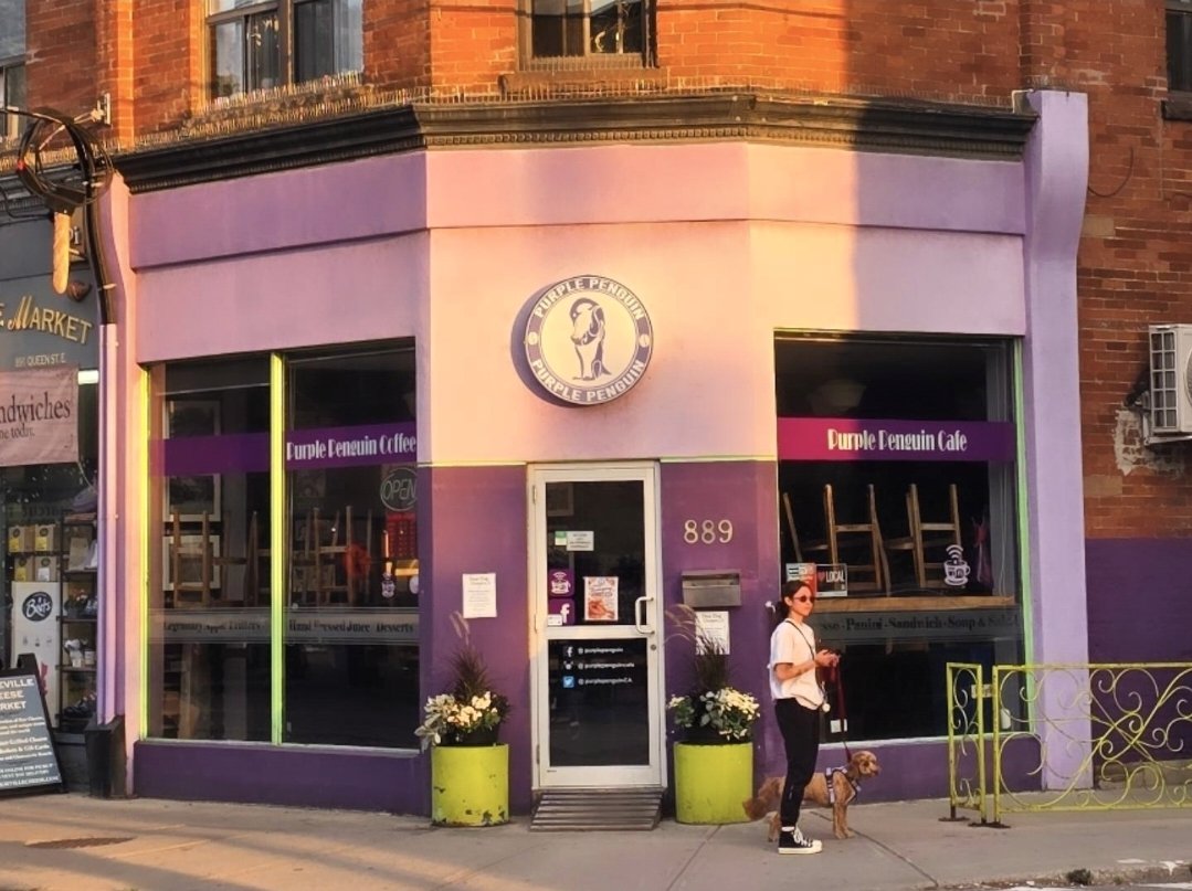 Purple Penguin Cafe storefront at 889 Queen Street East, Leslieville