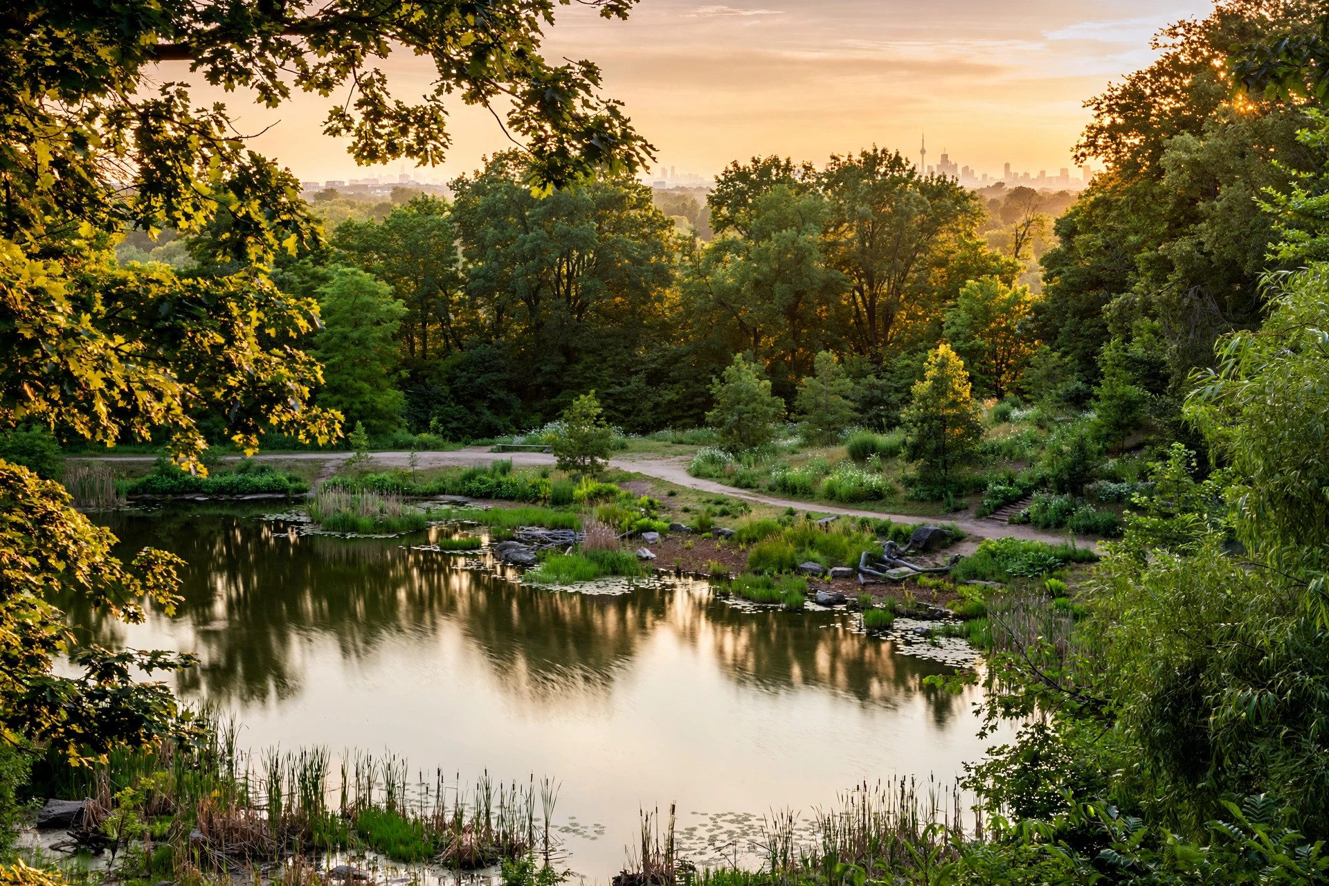 Pond and trails in High Park at sunrise, Toronto skyline beyond