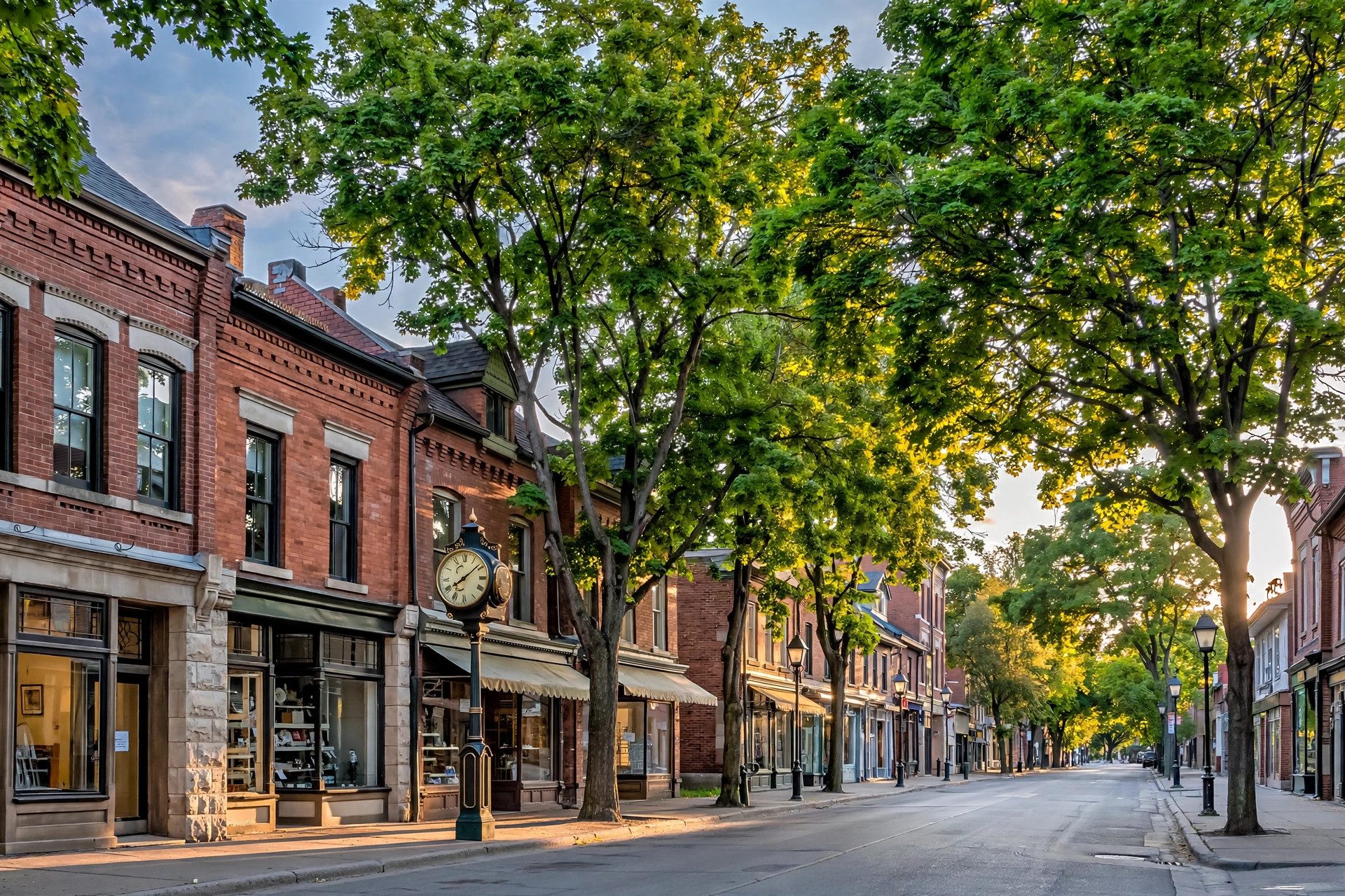 Brick main street in Islington Village, Etobicoke, at golden hour