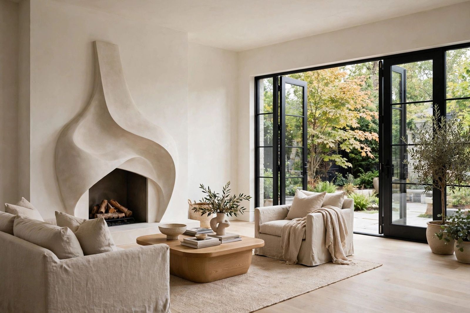 Warm, carefully styled living room with sculptural fireplace and garden doors