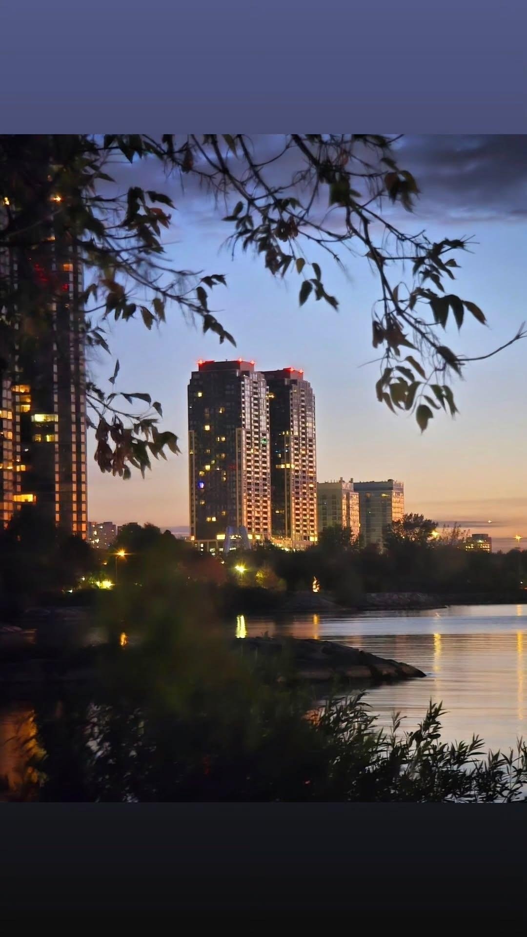 Mirabella Condominiums towers at 1926 and 1928 Lake Shore Boulevard West at sunrise, Humber Bay Shores