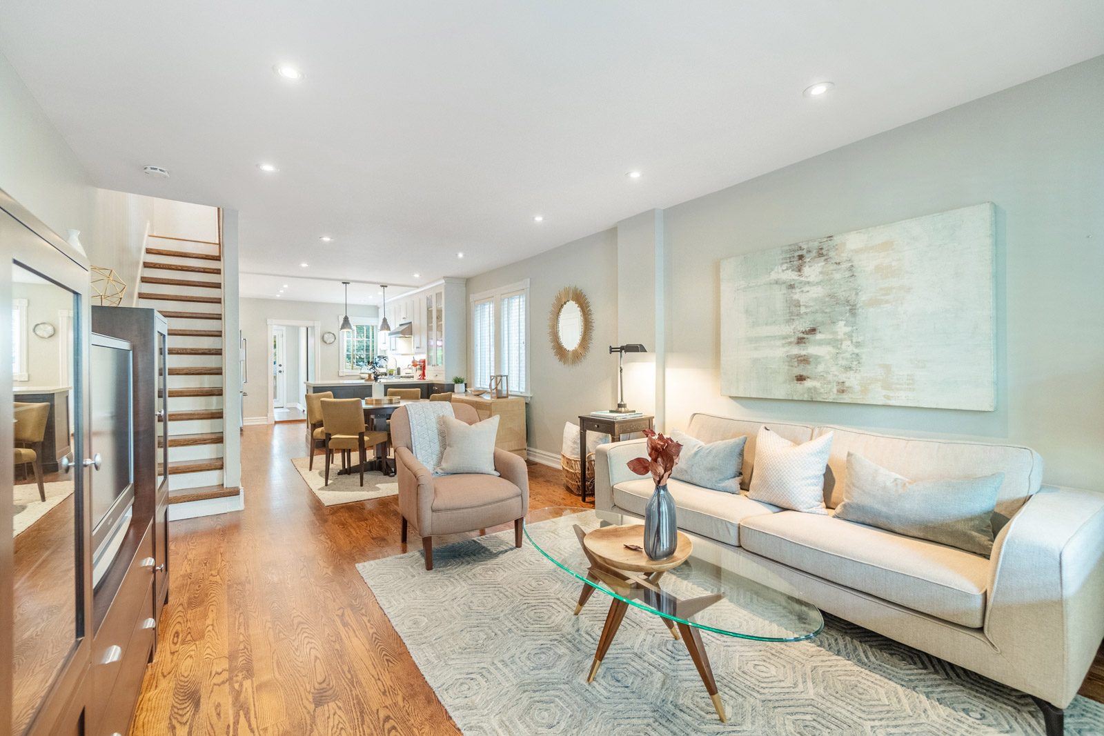 Staged open plan living and dining room at 193 Lawlor Avenue, Toronto