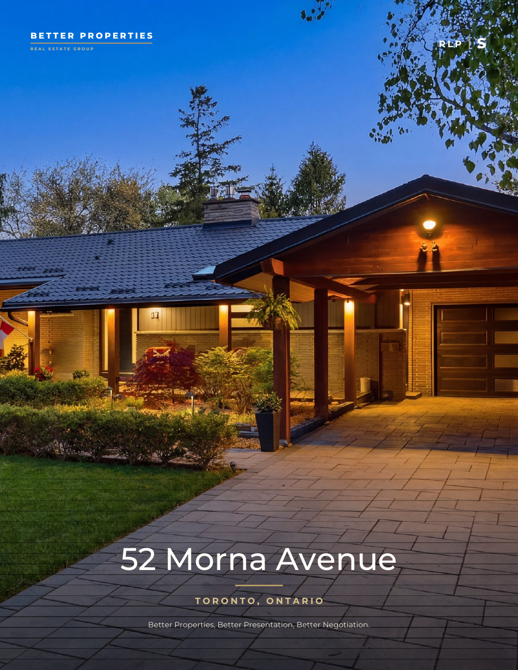 52 Morna Avenue listing brochure cover — twilight exterior photograph