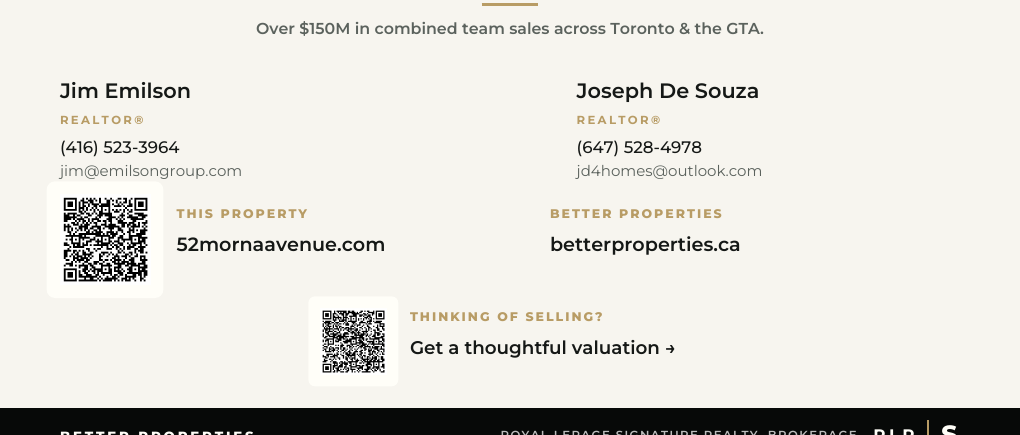 The QR codes printed on the brochure page — one for the property, one for a home valuation