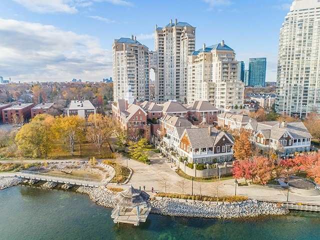 Aerial view of the Grand Harbour waterfront condominium complex on Lake Shore Boulevard West, Toronto, beside Lake Ontario