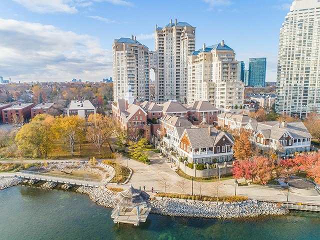 Grand Harbour towers on the Mimico waterfront with Lake Ontario beyond
