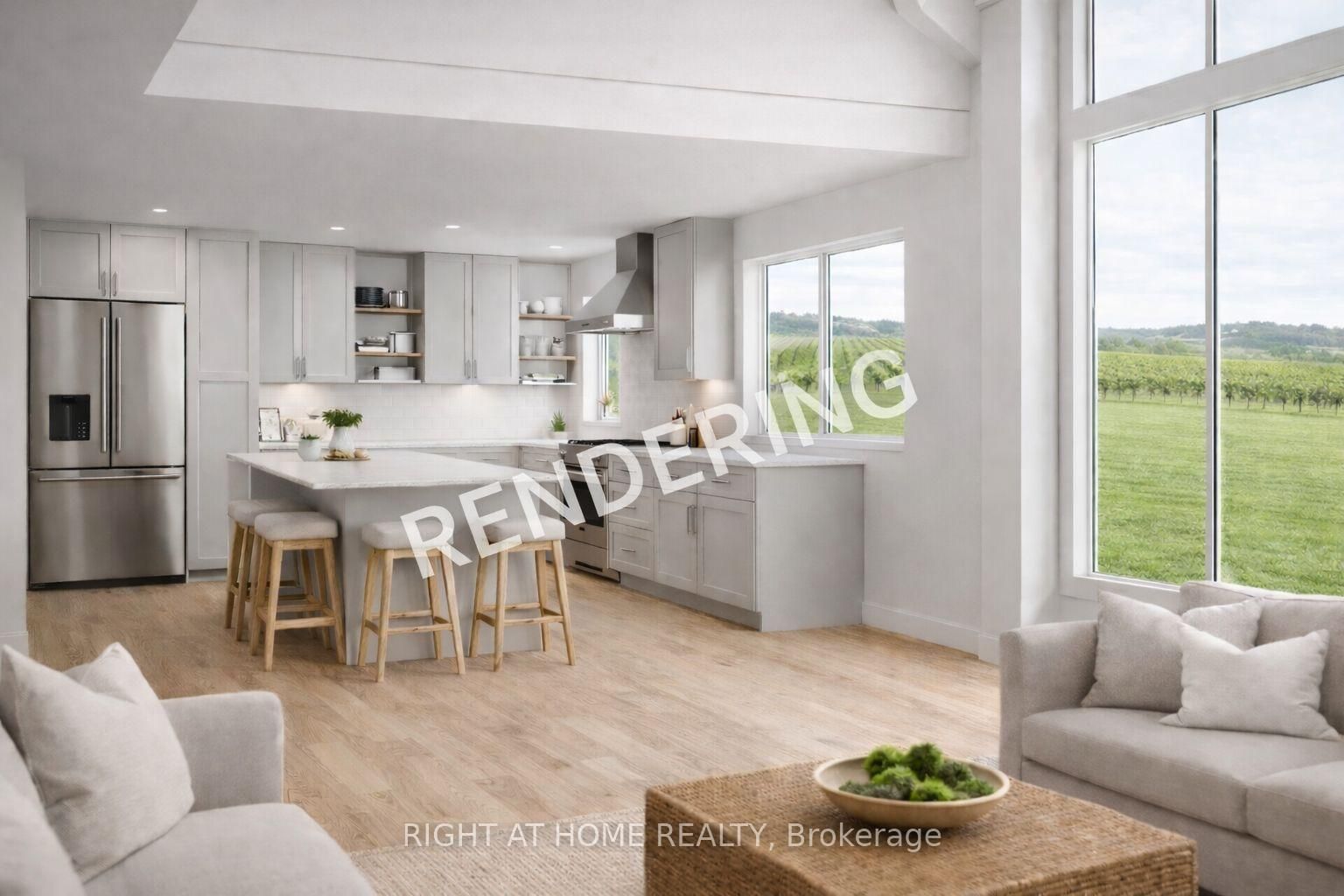 Artist's rendering of the approved addition — open-concept kitchen and living space with vineyard views, 4451 Thirty Road