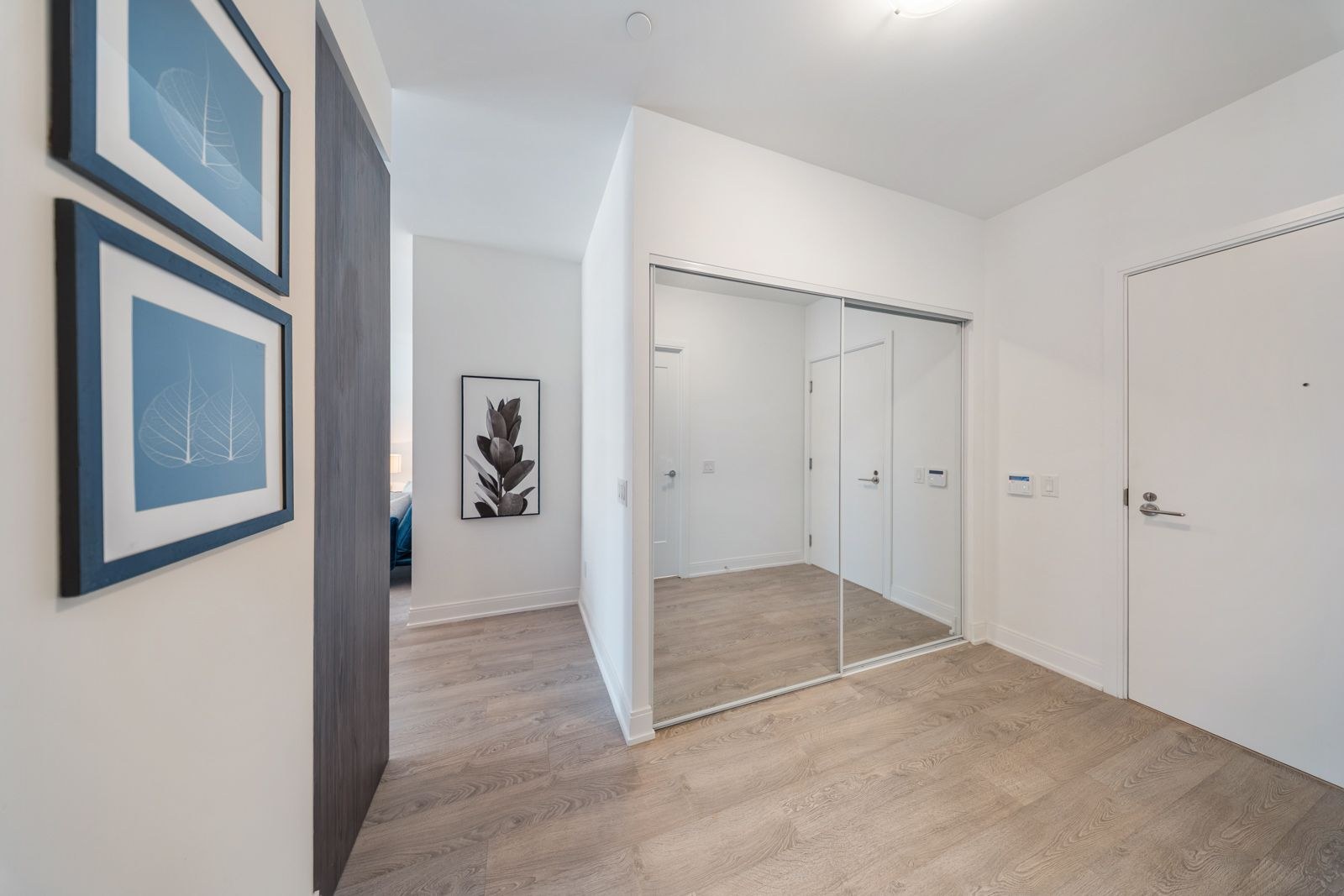 Entry foyer with framed art, mirrored closets and hardwood floors