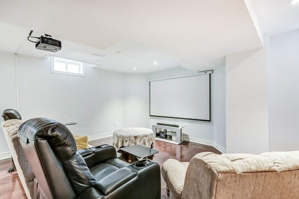 Finished basement home theatre with projector and screen